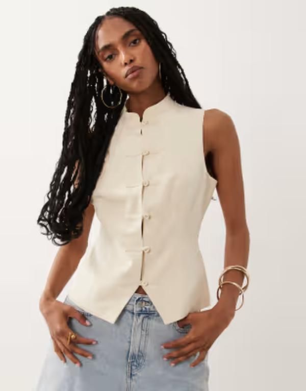エイソス レディース トップス タンクトップ リネン ASOS DESIGN linen blend mandarin collar tank top Ivory アイボリー