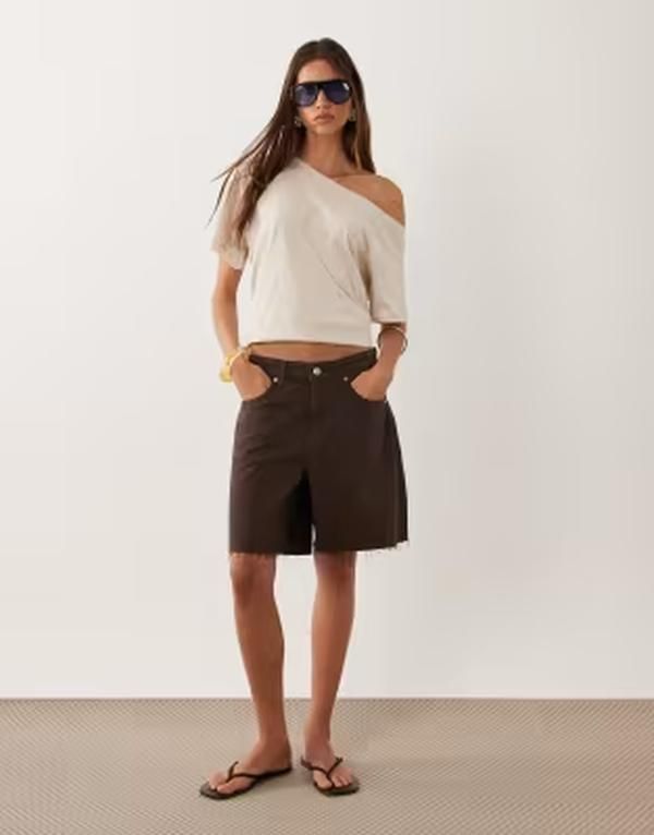 マンゴ レディース ボトムス ハーフパンツ・ショーツ ショートパンツ コットン デニム Mango 100 cotton denim shorts in chocolate BROWN ブラウン