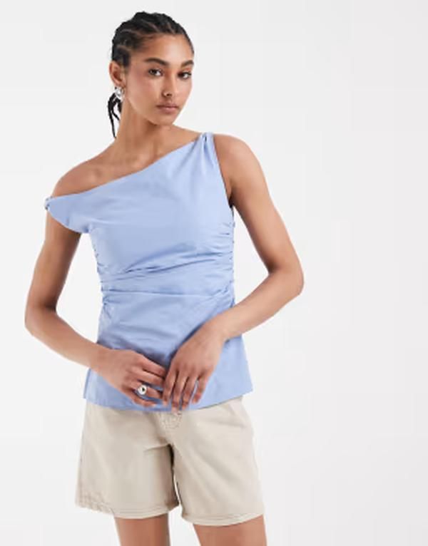 エイソス レディース トップス タンクトップ アシンメトリー ギャザー ASOS DESIGN asymmetric ruched top Light blue ブルー