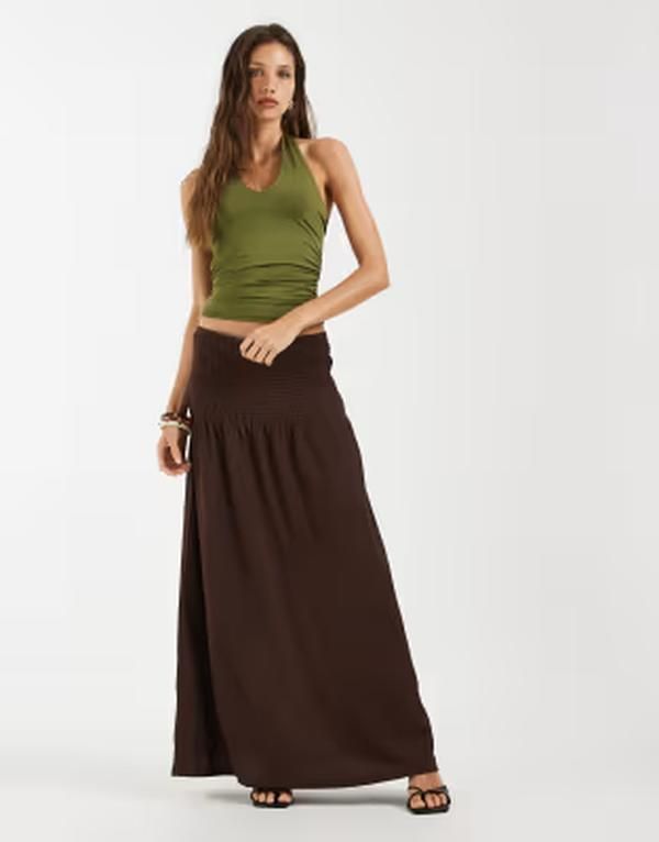 ピーシーズ レディース ボトムスカート マキシ PIECES dropped waist shir red textu red maxi skirt in coffee Chicory coffee
