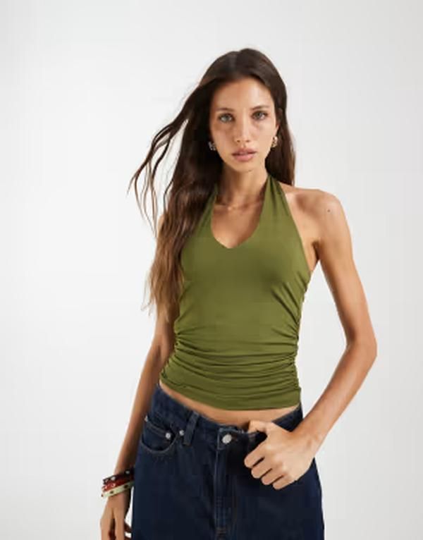ピーシーズ レディース トップス ベスト ホルター PIECESlinky halter neck top in mossphagnum グリーン