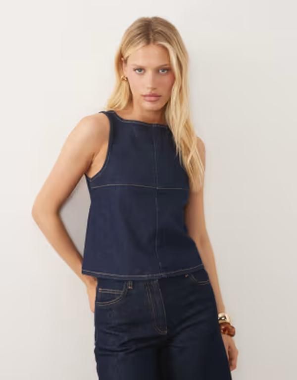 エイソス レディース トップス ベスト オープンバック デニム ASOS DESIGN open back trapeze denim top in midwash MID BLUE ブルー