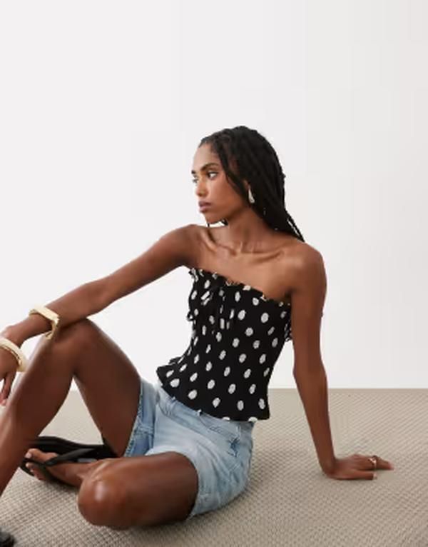 エイソス レディース トップス ベスト ASOS DESIGN shir red tie front bandeau and white dot Black based spot ブラック