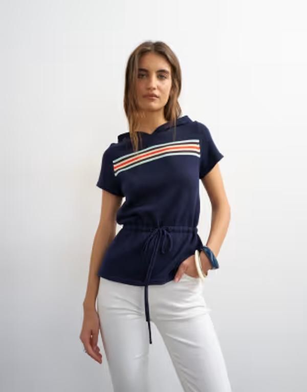 トップショップ レディース トップス ポロシャツ ニット Topshop knit short sleeve sporty hooded stripe cinch waistop NAVY ネイビー