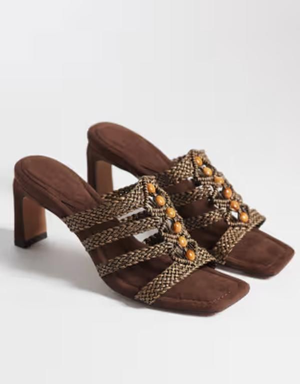 エイソス レディース シューズ サンダル ヒール ASOS DESIGN Hide beaded weave detail mid heeled mules in chocolate チョコレート