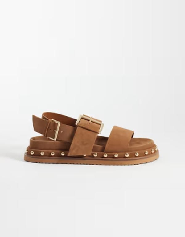 エイソス レディース シューズ サンダル スエード ASOS DESIGN Fraction premium studded footbed sandals in tan suede Tan Sued