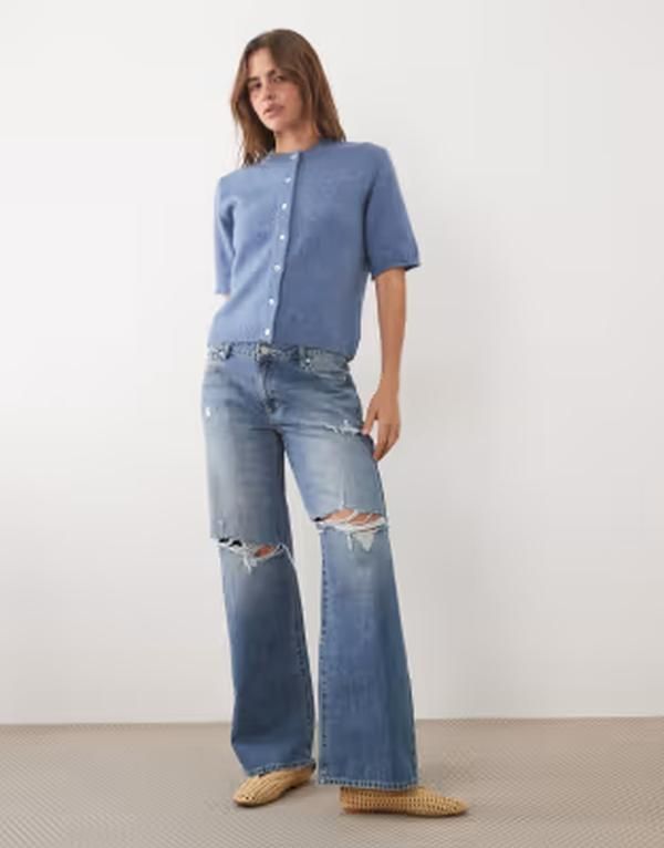 エイソス レディース アウター カーディガン ASOS DESIGN lightweight relaxed short sleeve cardigan in light Blue ブルー