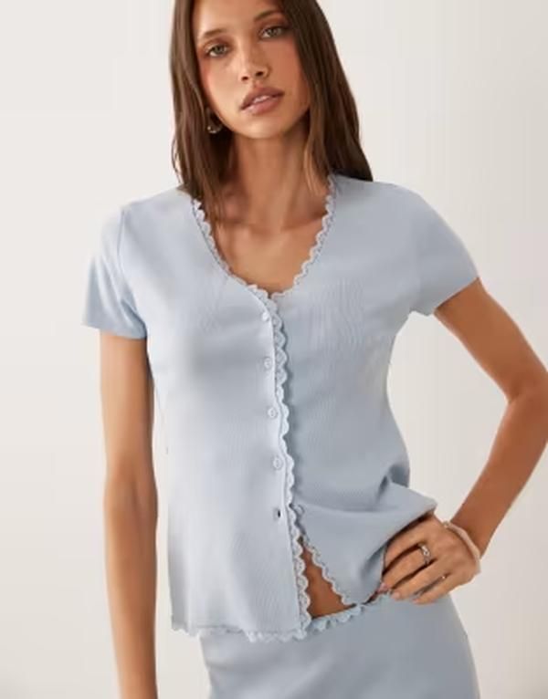 マンゴ レディース アウター カーディガン ニット Mango Asad knit short sleeve cardigan in pastel blue part of a set BLUE ブル