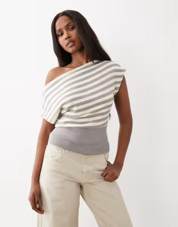ジーナトリコ レディース トップス Tシャツ Gina Tricot boatneck off the shoulder shortop in yellow stripes Yellow stripe