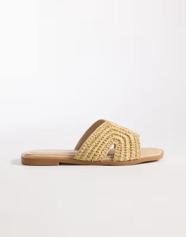 レイド ワイドフィット レディース シューズ サンダル RAID Wide Fit Coraline flat slide sandals in camel raffia CAMEL キャメル