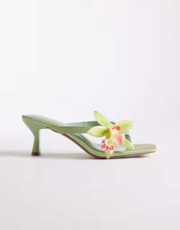 シミ レディース シューズ サンダル ヒール SIMMI Shoesimmi London Ruby kitten heel sandals with flower detailin gREEN グリ