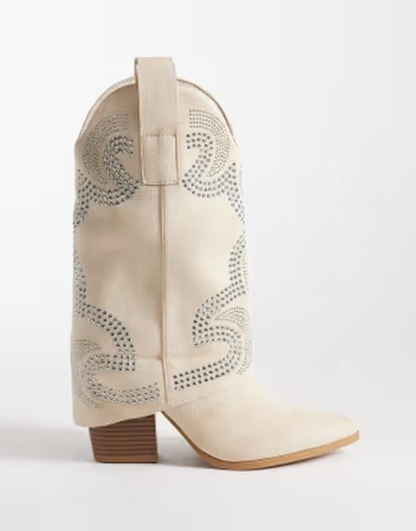 セクウェル レディース シューズ ブーツ・レインブーツ スエード SEQWL embellished cowboy knee boots in creamicrosuede CREAMICRO クリー