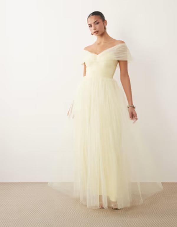 レース アンド ビーズ レディース トップス ワンピース チュール オフショルダー マキシ Lace Beads tulle offshoulder maxi dress in light lemon