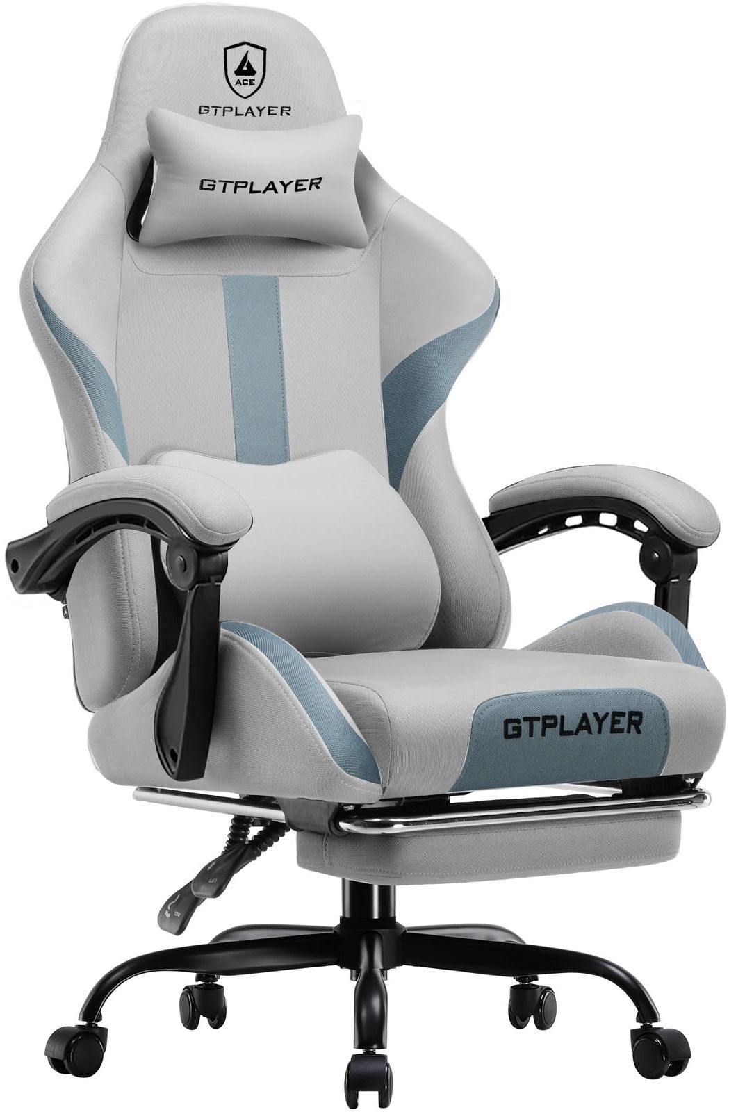GTPLAYER ゲーミングチェア ファブリック デスクチェア 人間工学設計 腰痛対策 ポケットコイル 90°?150°リクライニング [一体式オットマン付き] 連動式アームレスト 蒸れない 高背もたれ ヘッドレスト&ランバーサポート 通気性メッシュ 高耐ｍａ