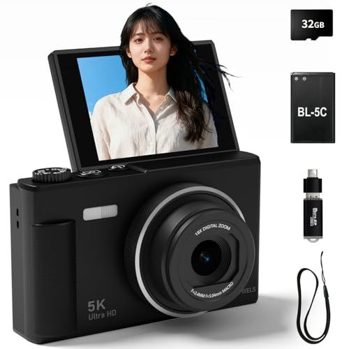 デジカメ 5K 7500万画素 デジタルカメラ 180度回転可能スクリーン 2.8インチスクリーン 18倍デジタルズーム オートフォーカス 32GB高速Micro SDカード付き 近接撮影 定時撮影 内蔵フラッシュ 自撮り ウェブカメラ コン a008290c