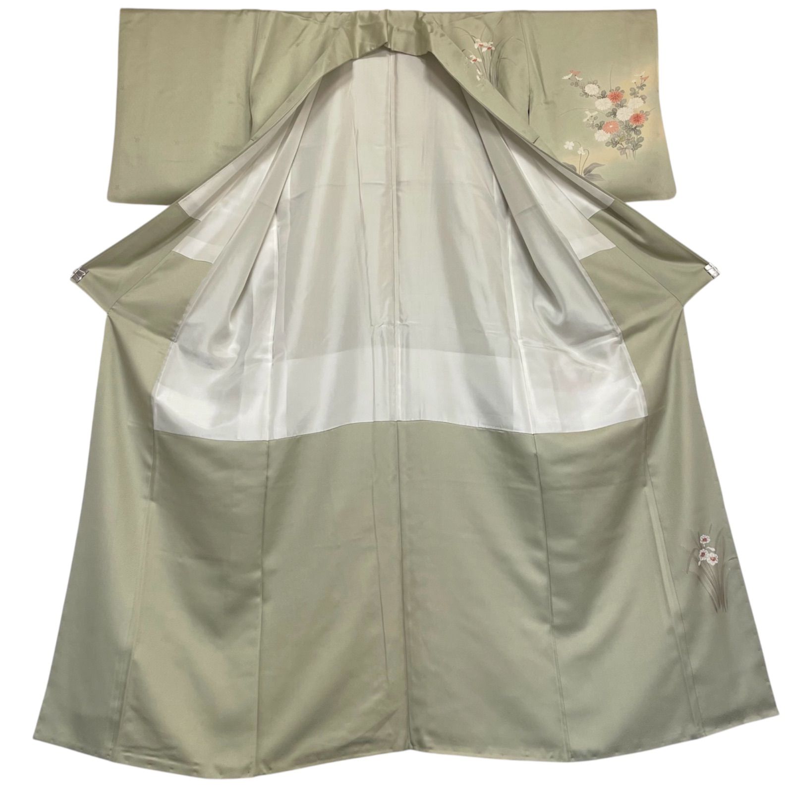 R024 美品 訪問着 手描き友禅 金彩加工 綸子 暈し染め 椿 梅 正絹 身丈 