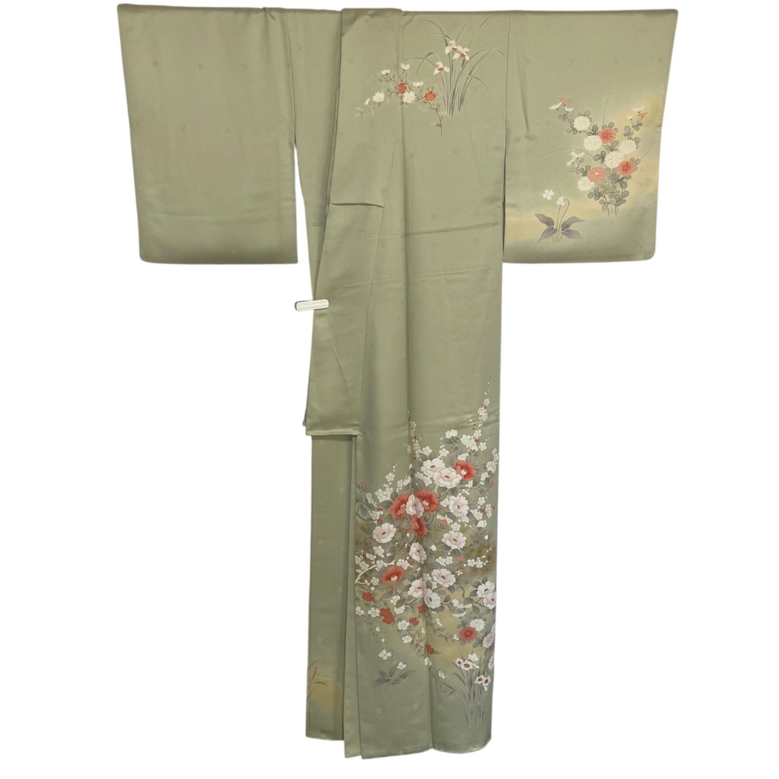 R024 美品 訪問着 手描き友禅 金彩加工 綸子 暈し染め 椿 梅 正絹 身丈