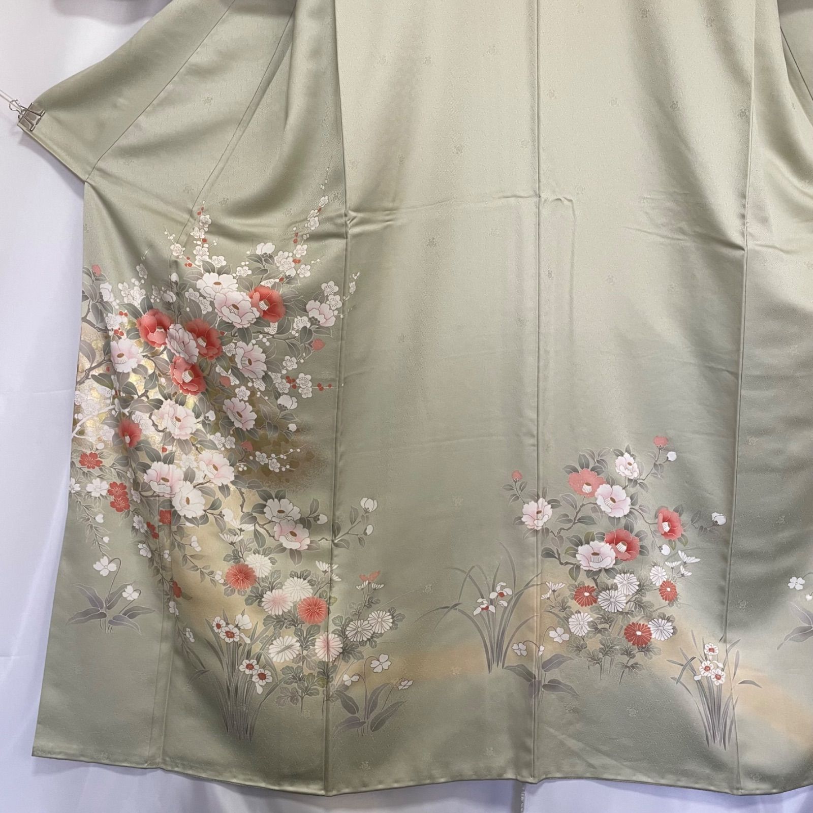 R024 美品 訪問着 手描き友禅 金彩加工 綸子 暈し染め 椿 梅 正絹 身丈 