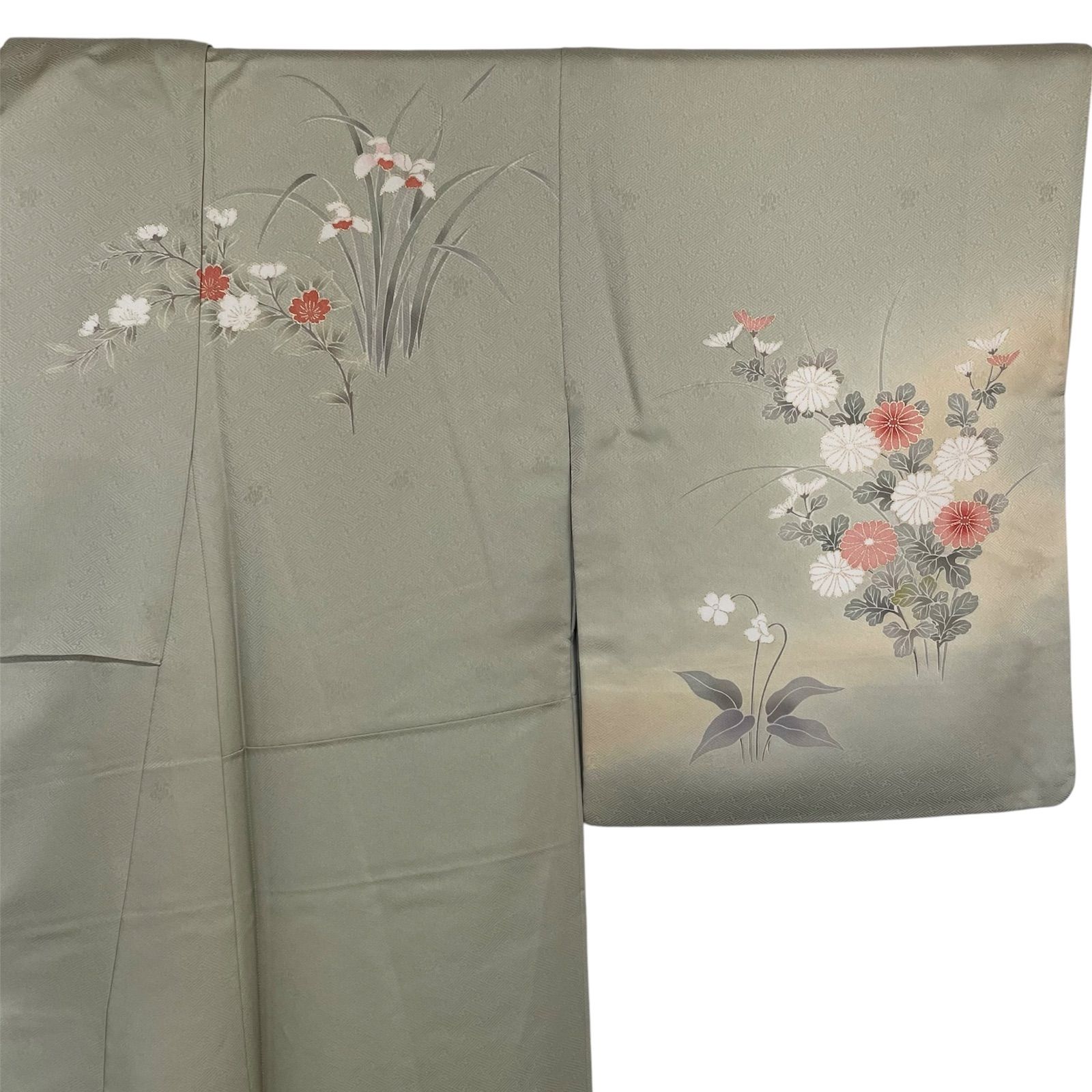 R024 美品 訪問着 手描き友禅 金彩加工 綸子 暈し染め 椿 梅 正絹 身丈 