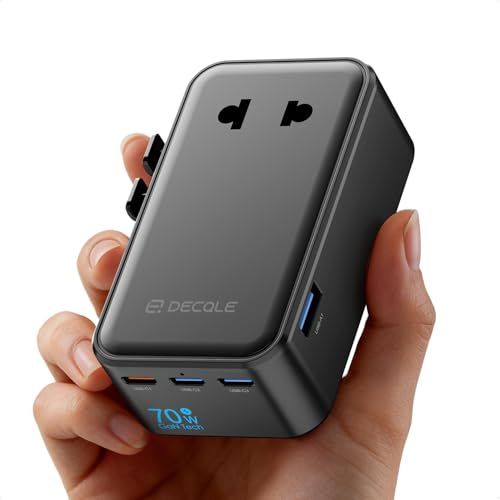 「Air超コンパクト・GaN70W急速充電」decqle 海外 変換プラグ 超薄型コンセントマルチ変換プラグ 3つUSB-Cと1つUSB-A付き 5台同時充電 全世界対応(アメリカ/イギリス/ヨーロッパ/オーストラリア/中国などの224+国々に対応) 海外旅行