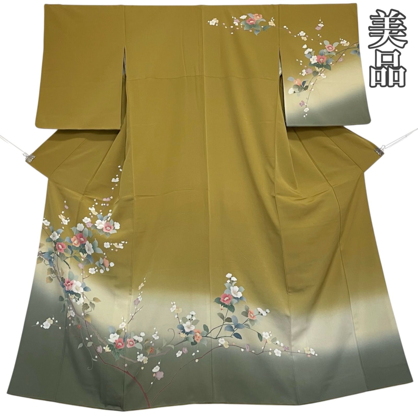 #R026 美品 訪問着 加賀友禅 丹後ちりめん 暈し染め 椿 梅 正絹 紋なし 和装 和服 フォーマル 着物