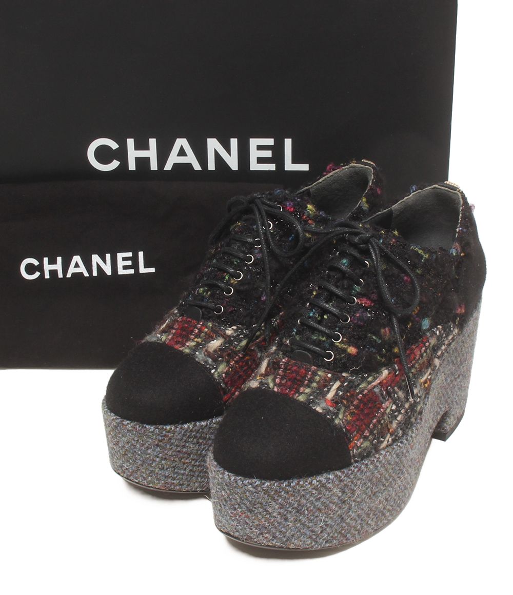 美品 シャネル プラットフォームシューズ ツイード 厚底 レディース SIZE 37 CHANEL