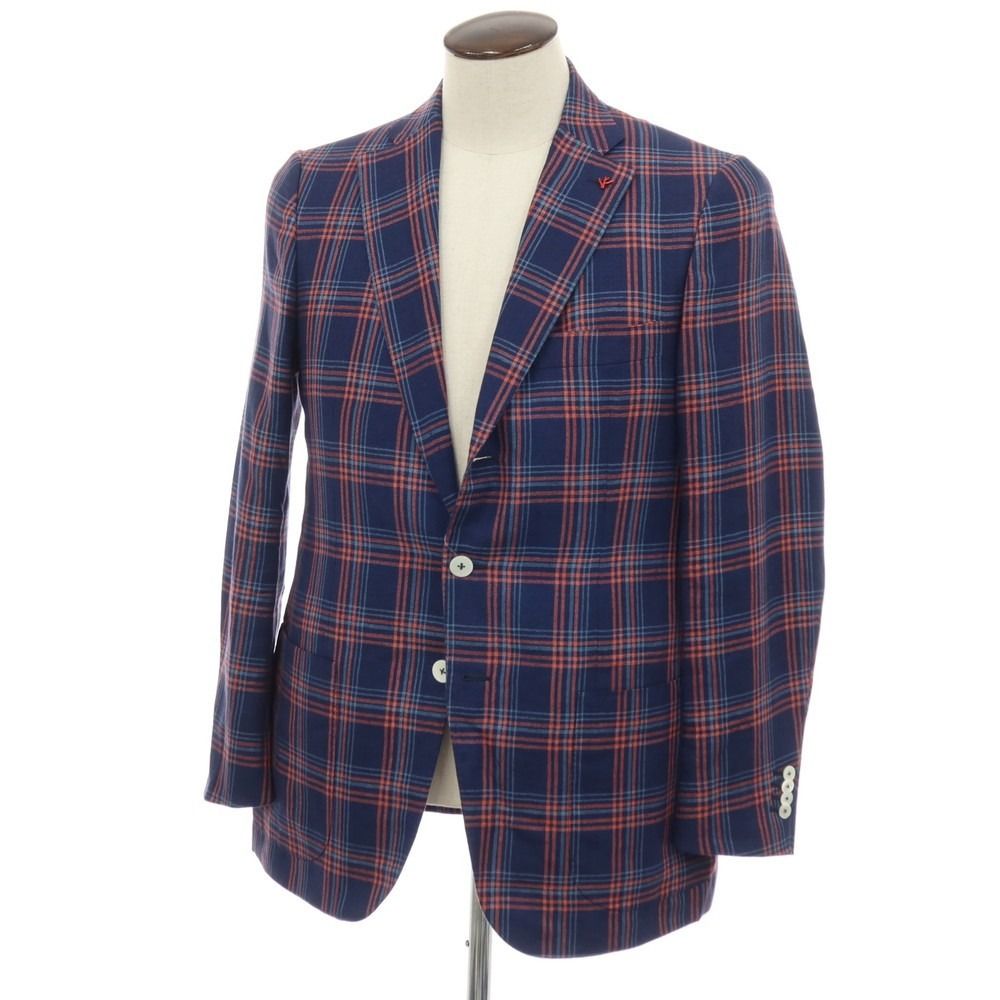 【中古】イザイア ISAIA リネンウール チェック 3B テーラードジャケット ネイビーxピンク【サイズ50】【メンズ】