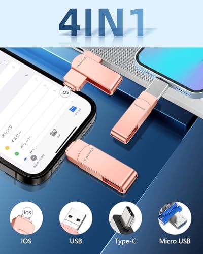 256GB【2026新型・アプリ不要】4in1 Phone対応 USBメモリ スマホ/PC タイプc搭載 USB3.0 高速転送 phone写真保存 usb スマホ 写真データ 保存 容量不足解消 データバックアップ 外付けストレージ usb bcfd27b2
