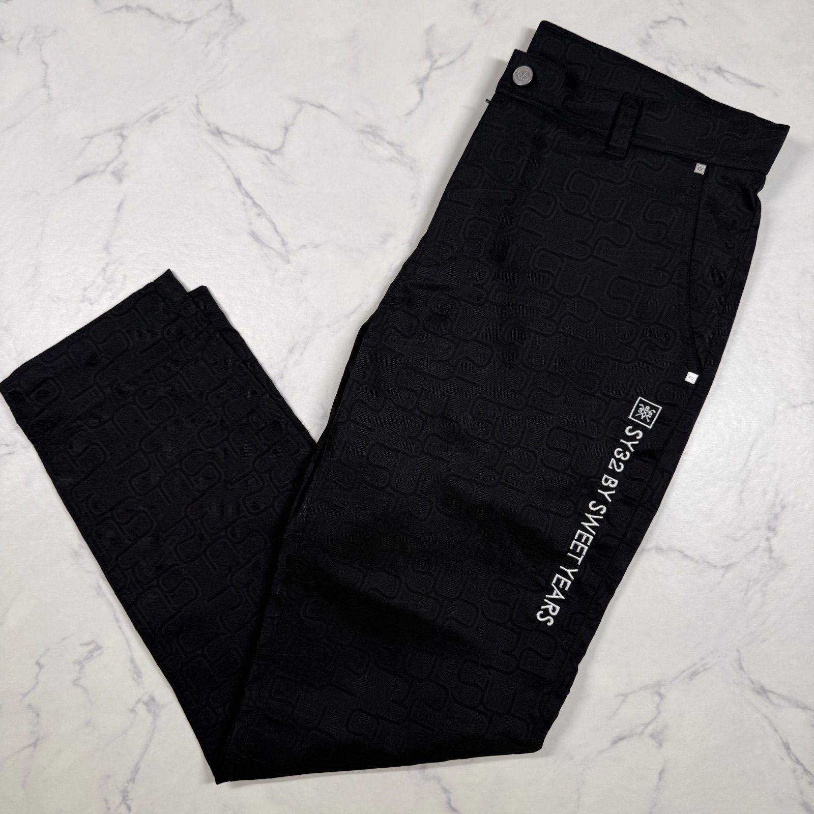 美品　SY32 GOLF パンツ XL ブラック 総柄 ストレッチ ロングパンツ ゴルフウェア