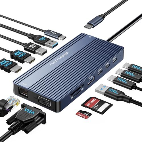 ACASIS USB C ハブ (14-in-1, Triple Display) ドッキングステーション 3画面出力 4K HDMIポート1080p VGAポート 10Gbps USB C& A高速データ転送 100W PD急速充電,1Gbps LAN ｍａ