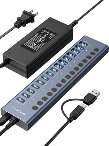 ACASIS セルフパワー対応 USB 3.2ハブ 16ポート（USB-A 3.2 × 8ポート ＋ USB-C 3.2 × 8ポート）? 96W電源アダプター付属・アルミ製 ? PC/ノートPC、USBメモリ、プリンター、カメラ対応ｍａ