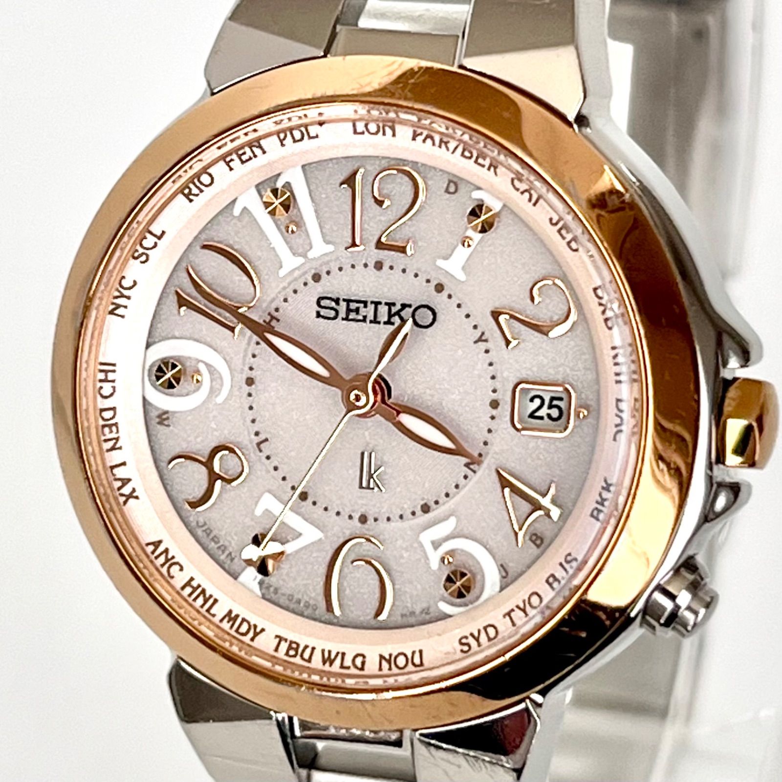 【セイコー ルキア レディース 腕時計 稼働 チタン 電波ソーラー 磨き済み】SEIKO LUKIA 美品 ゴールド 白文字盤