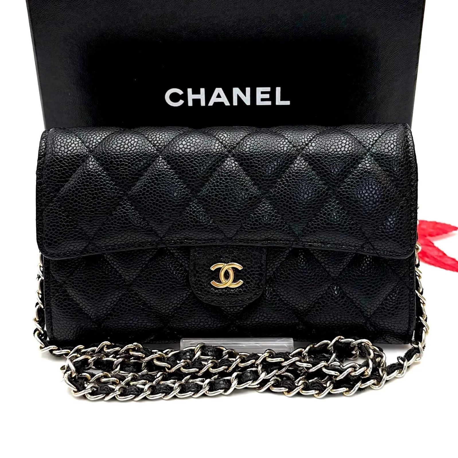 CHANEL マトラッセ ココマーク キャビアスキン クラシック ロング フラップウォレット　二つ折り長財布　ブラック ゴールド金具 チェーン付け