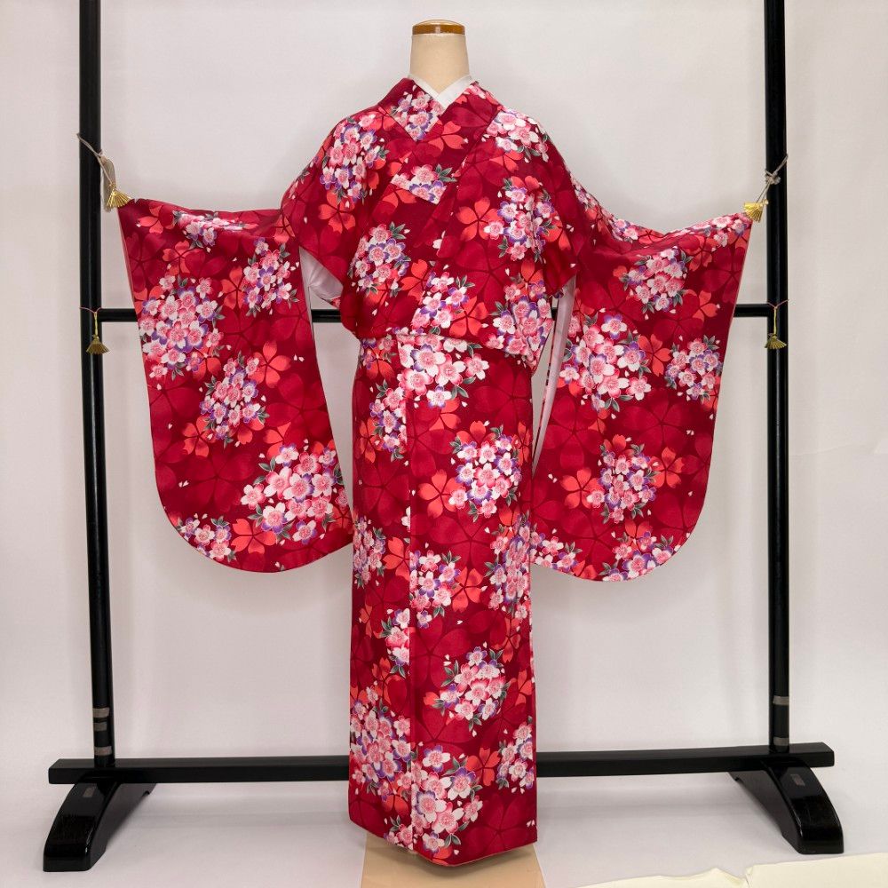 二尺袖 単品 卒業式着物 赤 裄66.5cm Mサイズ 袴用着物 化繊 中古 5793