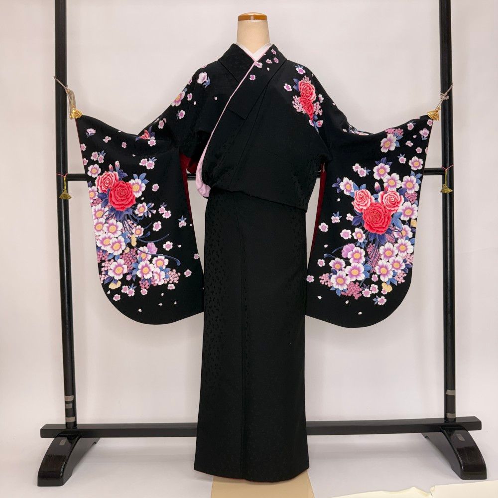 二尺袖 単品 卒業式着物 黒 裄69cm Lサイズ 袴用着物 化繊 中古 5795