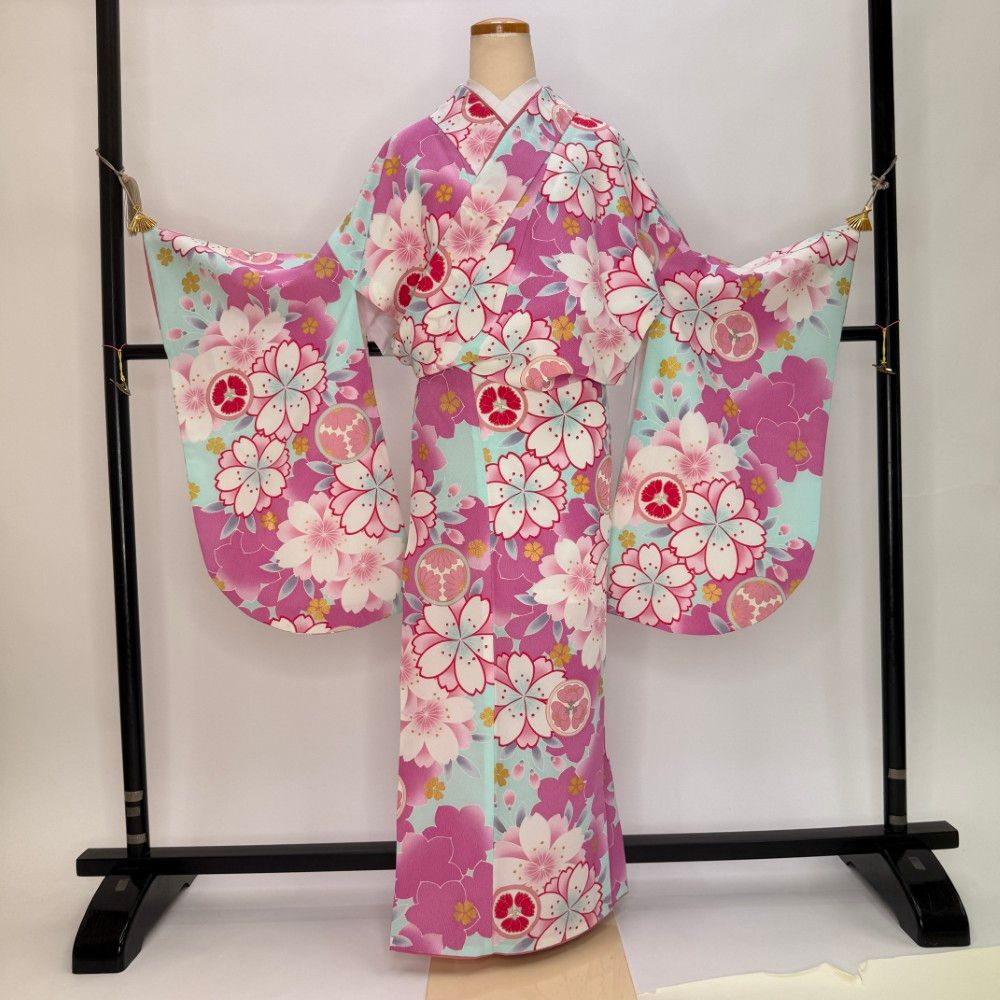 二尺袖 単品 卒業式着物 水色 ピンク 裄69cm Lサイズ 袴用着物 化繊 中古 5796
