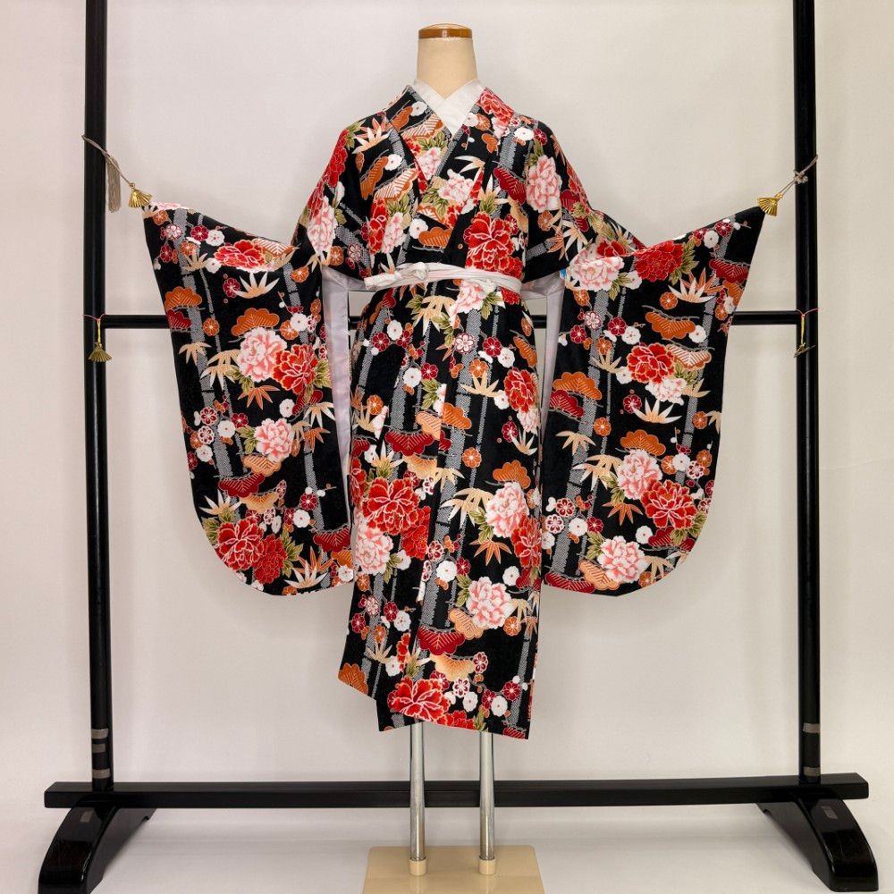 二尺袖 単品 卒業式着物 黒 裄67.5cm Lサイズ 袴用着物 化繊 中古 5797