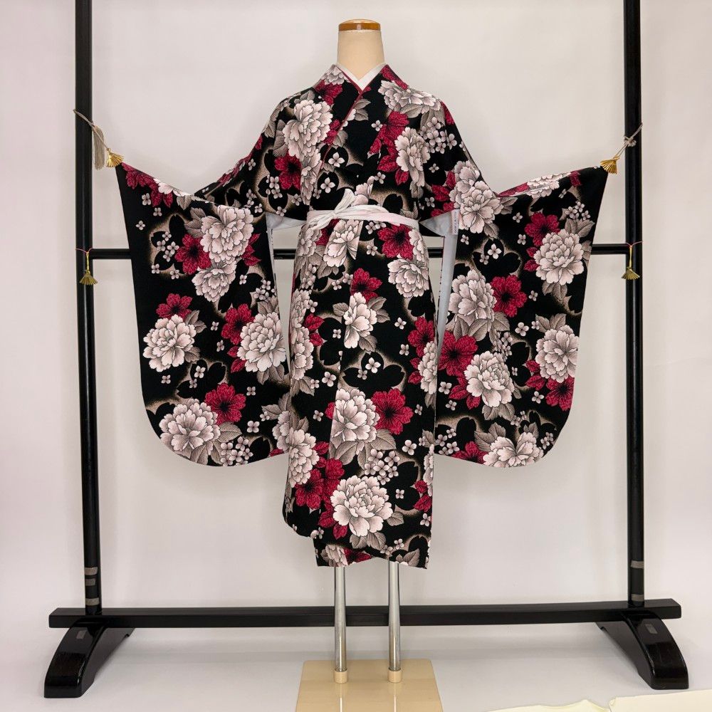 二尺袖 単品 卒業式着物 黒 裄68cm Lサイズ 袴用着物 化繊 中古 5799