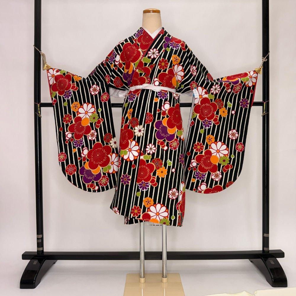二尺袖 単品 卒業式着物 黒 裄68cm Lサイズ 袴用着物 化繊 中古 5800