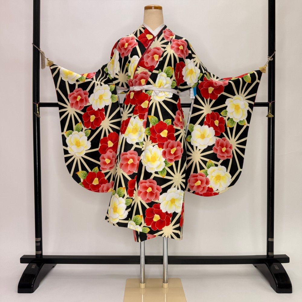 二尺袖 単品 卒業式着物 黒 裄68cm Lサイズ 袴用着物 化繊 中古 5801