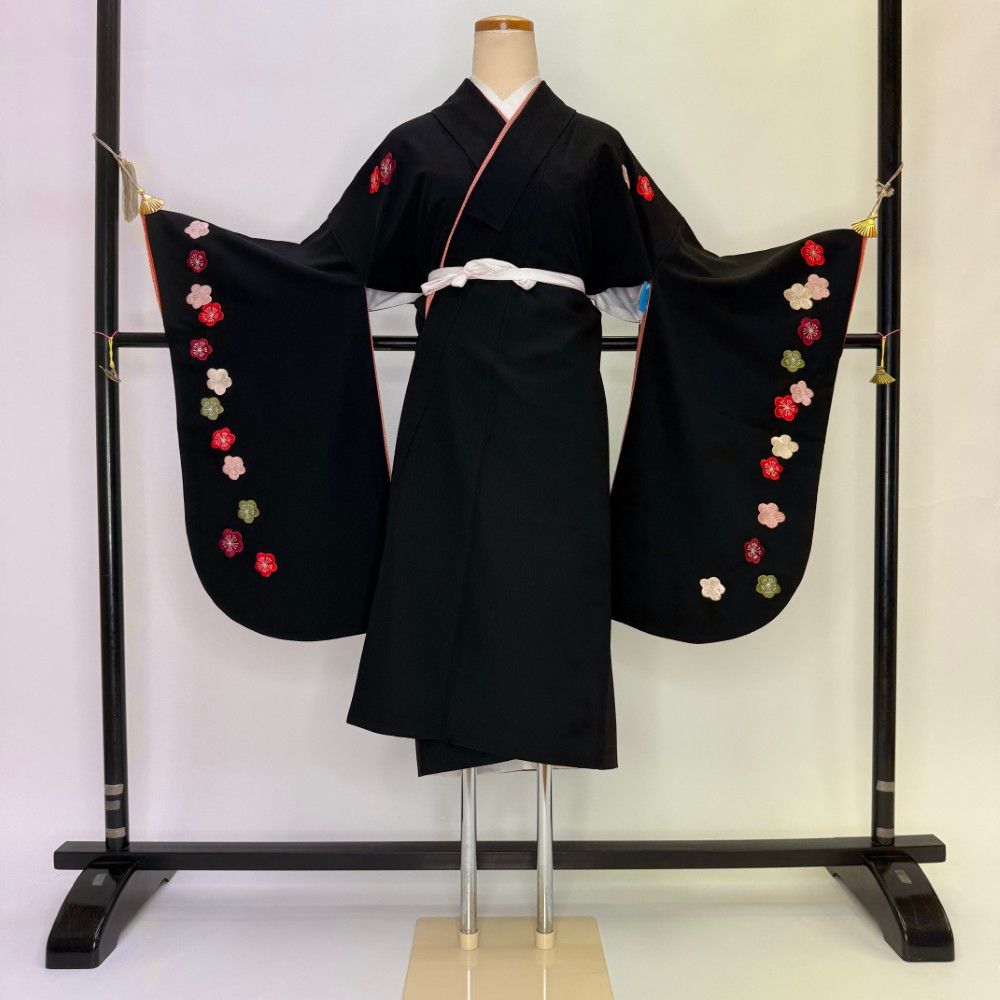 二尺袖 単品 卒業式着物 黒 カンサイ 裄68cm Lサイズ 袴用着物 化繊 中古 5802
