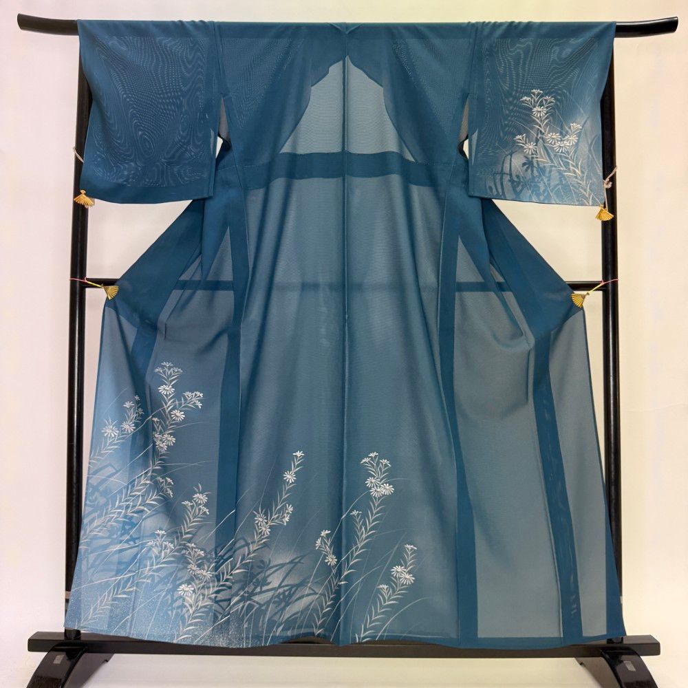 訪問着 付け下げ 絽 夏用 夏 礼装 正絹 裄69cm L サイズ 緑 青 5929