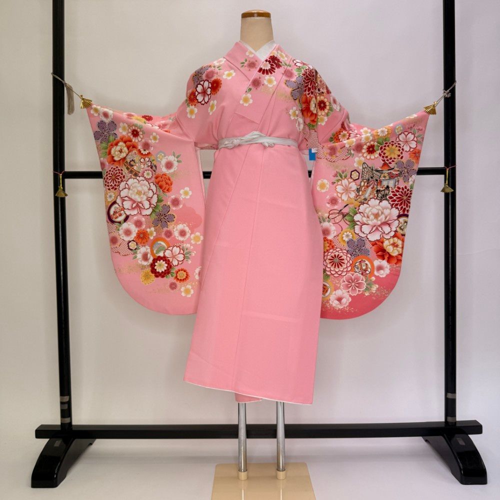 二尺袖 単品 卒業式着物 ピンク 裄68cm Lサイズ 袴用着物 化繊 中古 5810