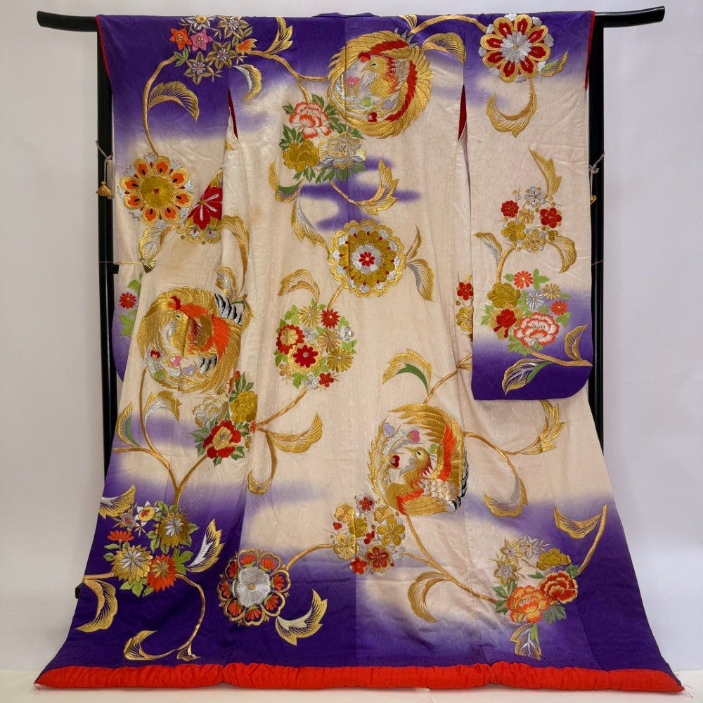 色打掛 正絹 刺繍 紫 白 打掛 花嫁衣裳 婚礼 リサイクル 中古 ブライダル ウエディング 着物 5933