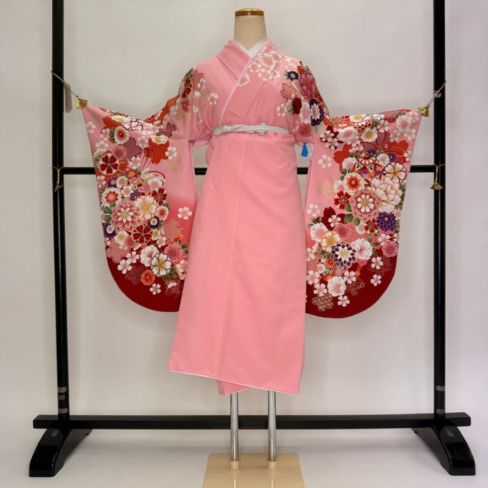 二尺袖 単品 卒業式着物 ピンク 裄68.5cm Lサイズ 袴用着物 化繊 中古 5812
