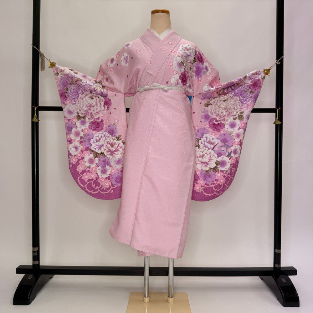 二尺袖 単品 卒業式着物 ピンク 裄68.5cm Lサイズ 袴用着物 化繊 中古 5813
