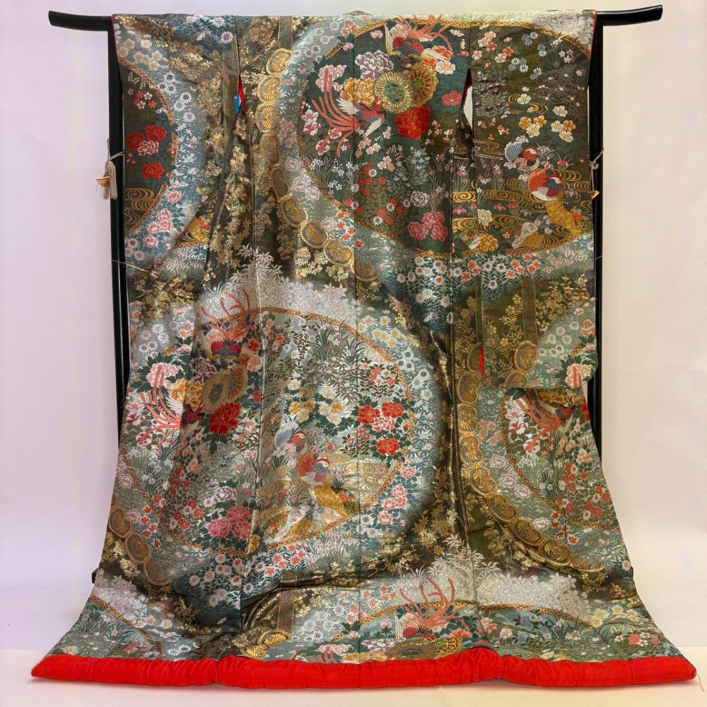 色打掛 正絹 刺繍 緑 打掛 花嫁衣裳 婚礼 リサイクル 中古 ブライダル ウエディング 着物 5936