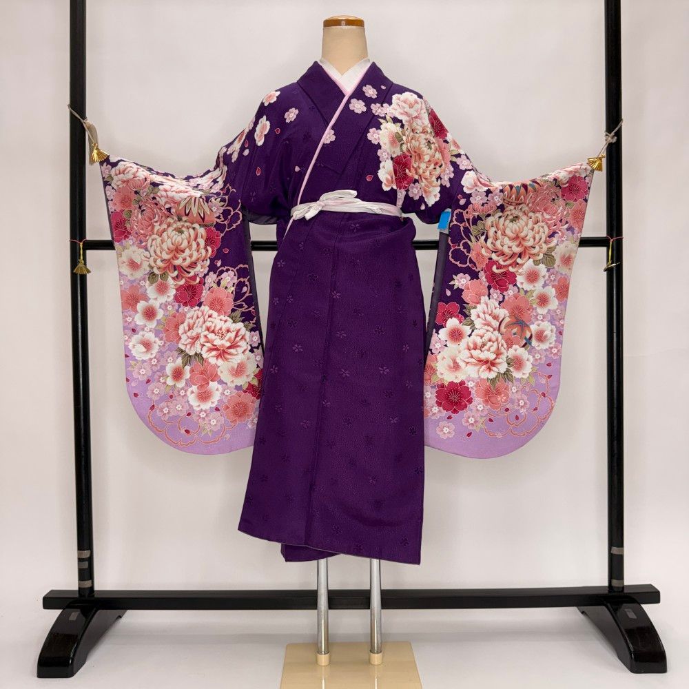 二尺袖 単品 卒業式着物 紫 裄69.5cm Lサイズ 袴用着物 化繊 中古 5817
