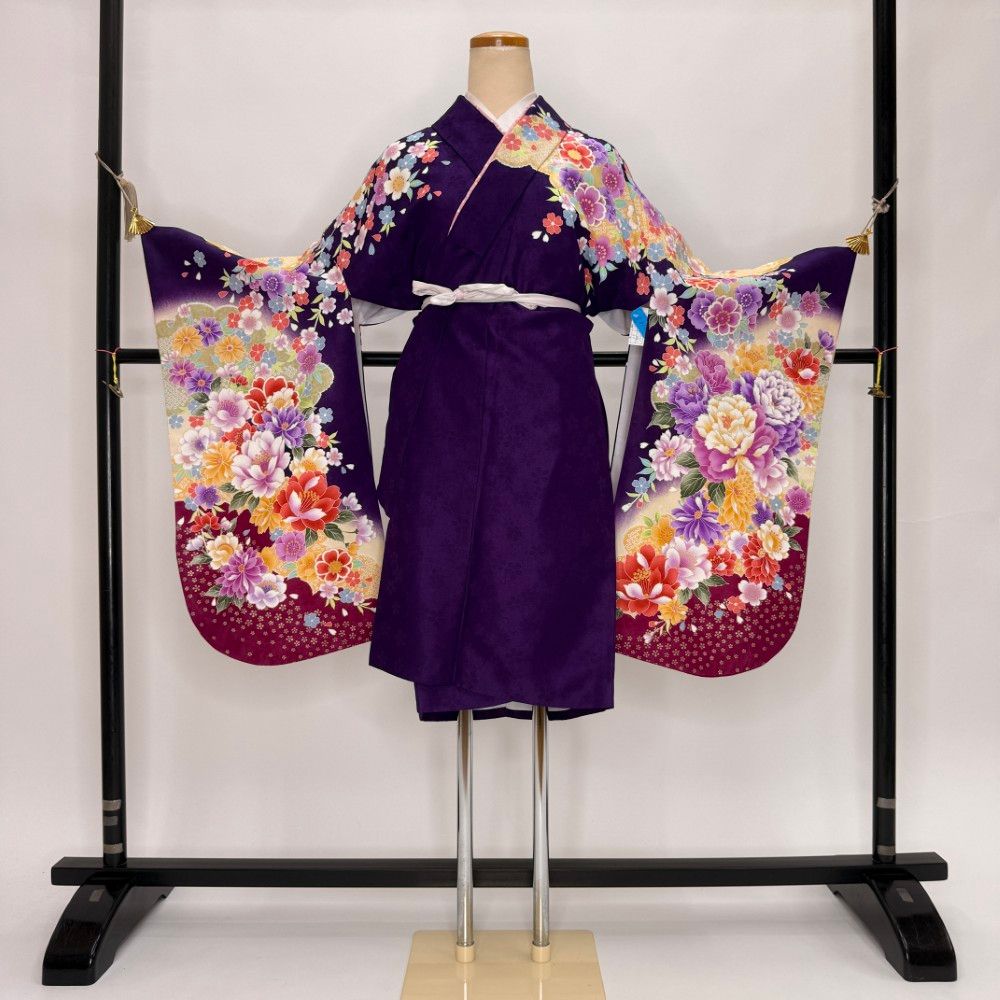 二尺袖 単品 卒業式着物 紫 裄68cm Lサイズ 袴用着物 化繊 中古 5818