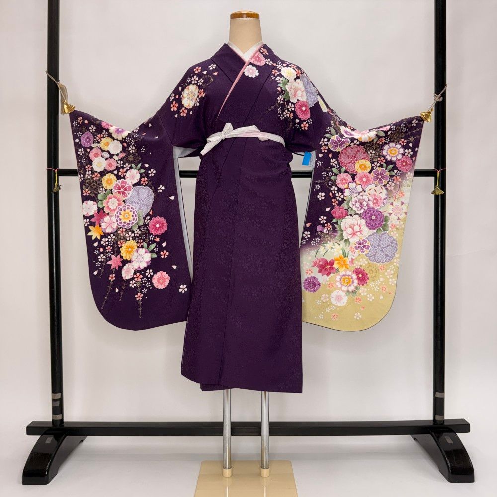 二尺袖 単品 卒業式着物 紫 裄68.5cm Lサイズ 袴用着物 化繊 中古 5819